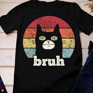 Bruh Cat Vintage Sunset Graphic T-Shirt Size L | Funny Retro Cat Meme Tee |